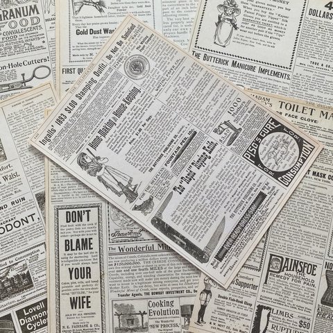 【紙もの素材】　ヴィンテージ　100年以上前の新聞・広告　コラージュ素材　アンティーク　ジャンクジャーナル　デザインペーパー　ペーパークラフト　ラッピング　おすそ分け　ニュースペーパー