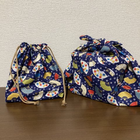 巾着袋とあづま袋　２点セット　紺・扇子柄　