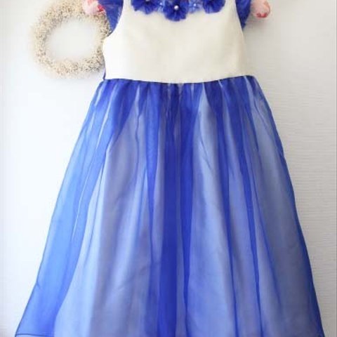 【リメイク】サイズ120　白サテンに青のオーガンジードレス