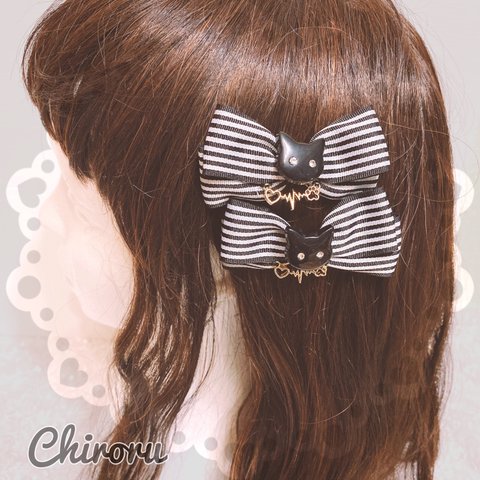 チャシャキャット♡ヘアクリップ(ブラック×ブラック) ヘアクリップ アリス ゴスロリ メイド アイドル キッズアクセ 王冠  黒 ヘアメ ハロウィン 仮装 コンカフェ ロリィタ ロリータ 猫 ねこ