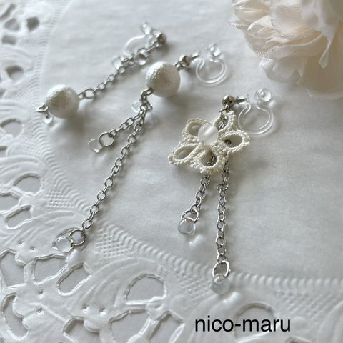 レースとパールの耳飾り 《fairy sweet》Special set  ❇︎natural white ◇ノンホールピアス（樹脂製イヤリング）【金具変更可能】タティングレース&スノーパール