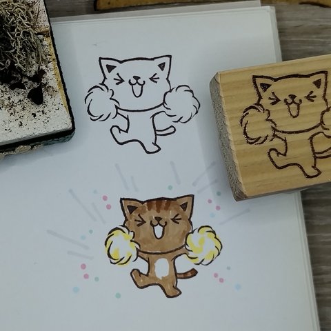 消しゴムはんこ♪　206　チアリーダーねこ　全力応援　応援　ポンポン　甲子園