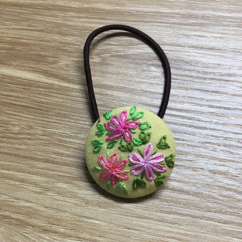 再販なし！刺繍ヘアゴム デイジー×黄土色