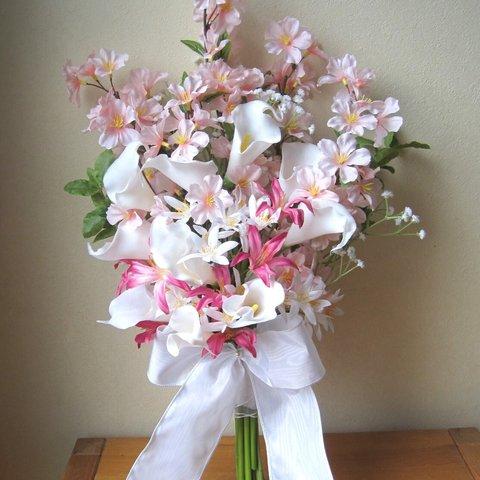 桜のクラッチブーケ♪ブートニア付き♪高品質な造花使用。ウェディングやインテリアに0686