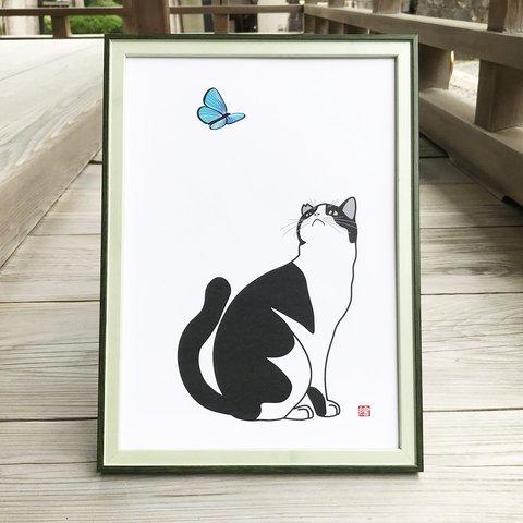 猫のポスター　A4サイズ　「蝶々」