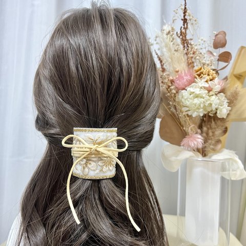 ポニーフック　インド刺繍リボン　フェイクレザー　ヘアアクセサリー　ヘアクリップ　ヘアカフ　バレッタ　刺繍アクセサリー　リボン　結婚式　二次会　イベント　発表会　ハンドメイドアクセサリー　