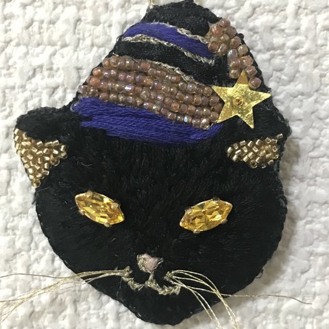 【受注生産】夢見る黒猫 ビーズ刺繍 連結式 壁掛けオーナメント