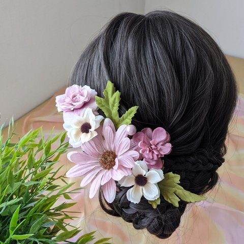 ヘッドドレス❀髪飾り くすみピンク ヘアアクセサリー 　造花 発表会 ウェディング  成人式 卒業式 前撮り