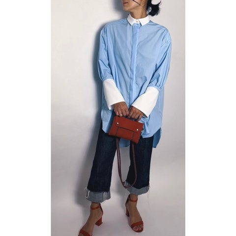 オーバーサイズシャツ【Over size shirt】Bicolor White×Light blue