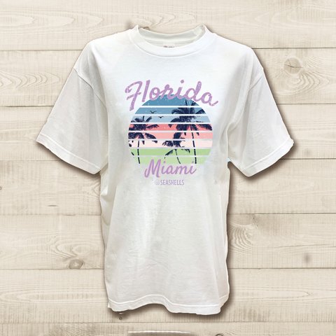 ハワイアンデザインTシャツ フロリダ マイアミ リゾートビーチ ヤシの木のシルエット 半袖カットソー