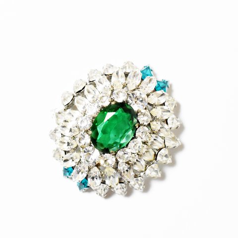 Vintage　Christian Dior　green×blue×clear rhinestone brooch