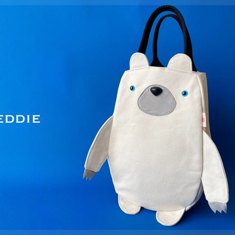 新作！SIOCO・8号帆布〈生成り〉 ×牛革 シロクマ帆布トートバッグ 《Eddie》動物立体バッグ・Bear Bag ・白熊バッグ・クマバッグ・ベア・北極　TYPE❷目【ブルー】×鼻【ブラック】