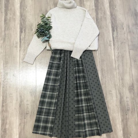 YUWA パッチワーク風 カーキ ドット×チェック の かわいい ギャザースカート