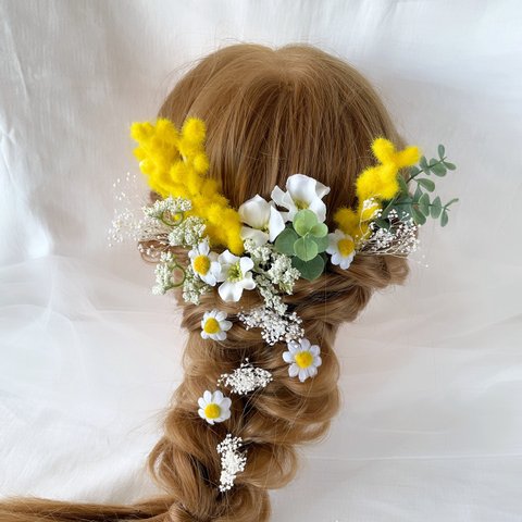 ミモザ　かすみ草　ウエディング　ブライダルアクセサリー　ヘッドドレス　ヘアアクセサリー　造花　カラードレス　卒業式　袴　結婚式　成人式　髪飾り　フラワー　カラードレス　お呼ばれ　前撮り　イエロー