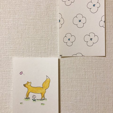 『きつね』&『お花』2枚組イラスト