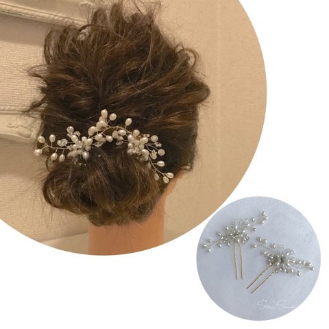 バレッタ　ヘアアクセサリー　♡4000 フラワー　パール　2本セット  お呼ばれ　バレッタ　ヘッドドレス  小枝アクセサリー　ウェディング　　入学式　七五三