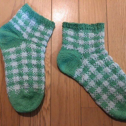 手編み靴下・マシュマロコットンチェック柄・緑