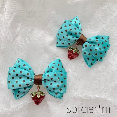 Jewel♡strawberry リボン へアクリップ  苺 ロリィタ ロリータ 量産型 ゆめかわいい ミント 緑 チョコミント ドット 水玉