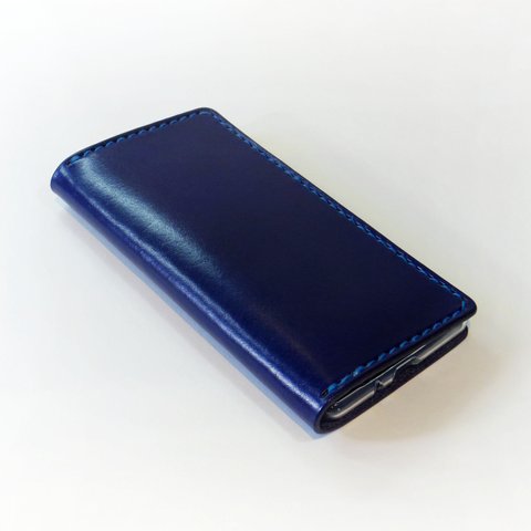 シンプルなふたつ折り牛革レザーケース iPhone,Android 多機種 スマホケース 手帳型 ネイビーブルー 紺色