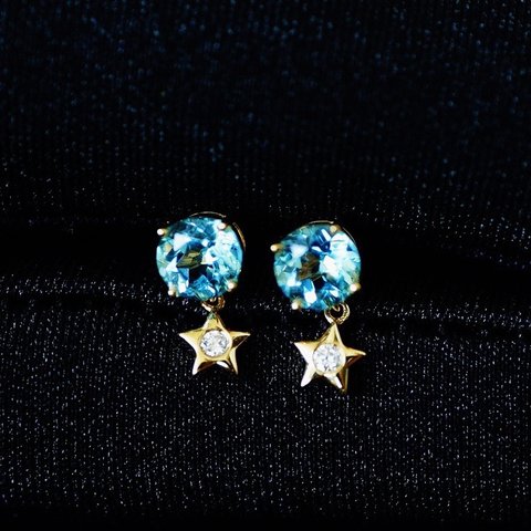 「星」K18イエローゴールド　天然アクアマリン　天然ダイヤモンド　ピアス　計1ct 和名藍玉　水宝玉 3月誕生石　幸福・富・聡明