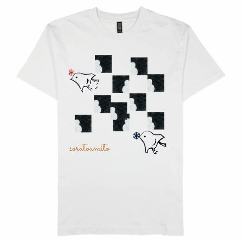 入道雲とチドリのTシャツ　受注生産　モノトーン　白Tシャツ　雲   丈長め 