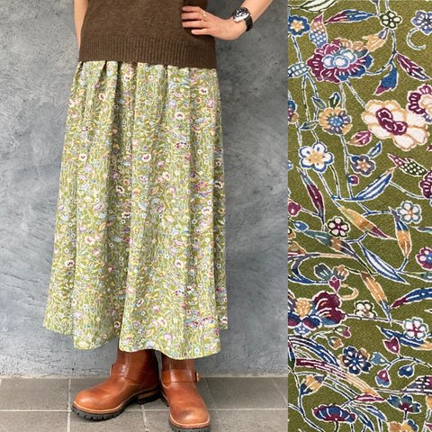 【SALE】着物リメイク　ベルト付きギャザーロングスカート　long skirt made from Kimono