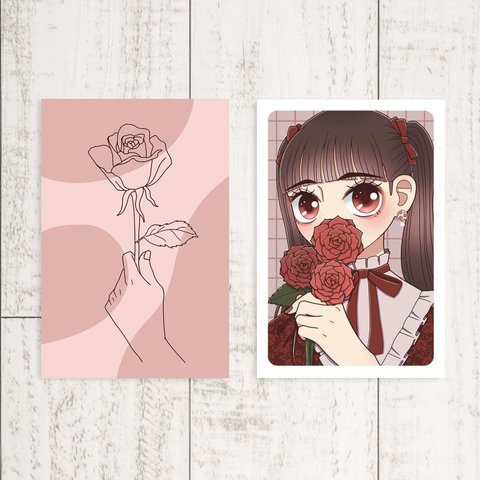 ポストカード2枚セット【花と女の子(赤)】