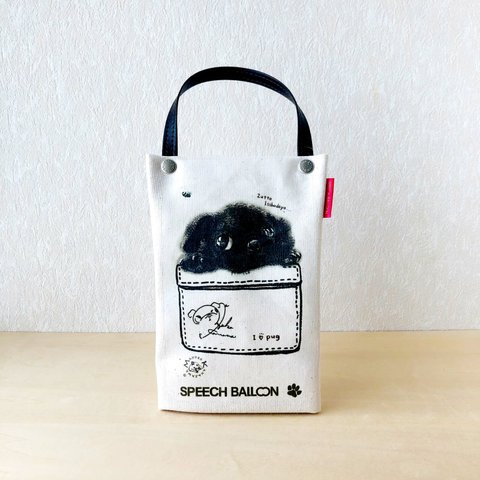 黒パグ「I ♡ PET」ペットボトルホルダー（ペットボトルバック）品番：KMパグ「いっしょだよ」絵本『ぼくぱぐ』コラボ【保冷・保温エコバッグ】🌟ラッピング対応🌟プレゼントにも♪