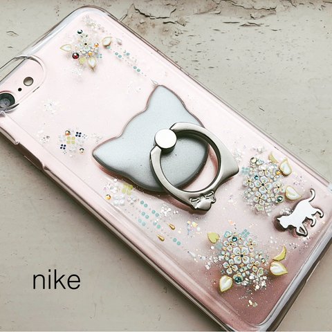 ねこと紫陽花 雨 ~ iPhoneケース 猫 スマホリング付き スマホケース 全機種対応 iPhone Android