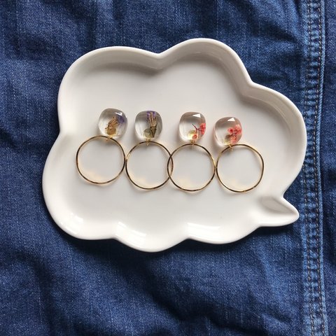 クリアーフラワーカボション×フープイヤリング   ピアス