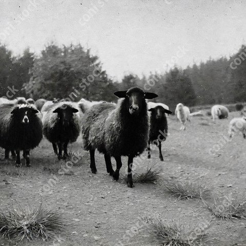 羊のような群れ、ちょっと犬っぽい顔、昔の写真のイメージ、レトロ、モノクロ、アート、古びた写真　conistock_85971_05