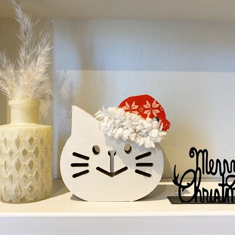 インテリア　クリスマス　サンタ猫　置物　木製