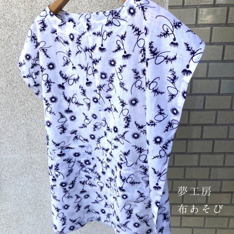 浴衣チュニック*白×紺アザミ/着物リメイク_浴衣リメイク