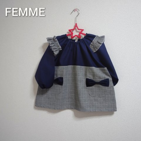 100cm　スモック♡グレンチェック&navy