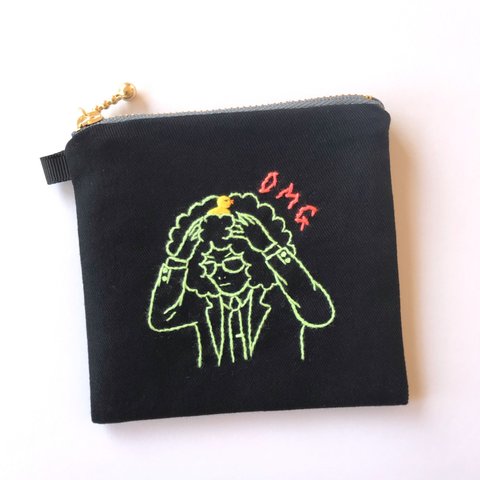 刺繍 ミニミニフラットポーチ ネオンカラー アフロ男