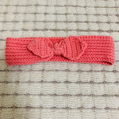 ハンドメイド毛糸の手編みヘアバンドリボンピンク