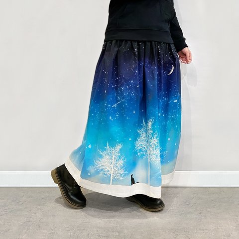 冬の星空・猫 ギャザースカート