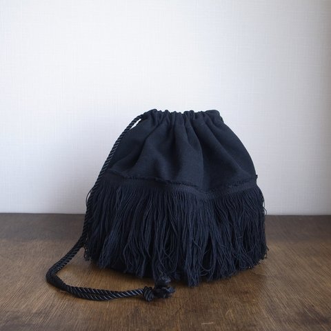 ［完成品ｱﾘ］くったりブラック帆布のドローストリングバッグ