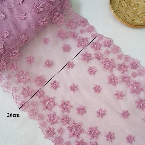 刺繍レース ピンク 雪の結晶 3D 立体 冬 メルヘン 手芸 素材 生地 はぎれ くすみピンク チュールレース 北欧