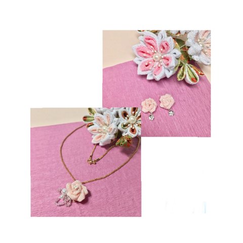 4色から選べる薔薇のネックレスとピアス/イヤリングセット☆つまみ細工【受注製作】