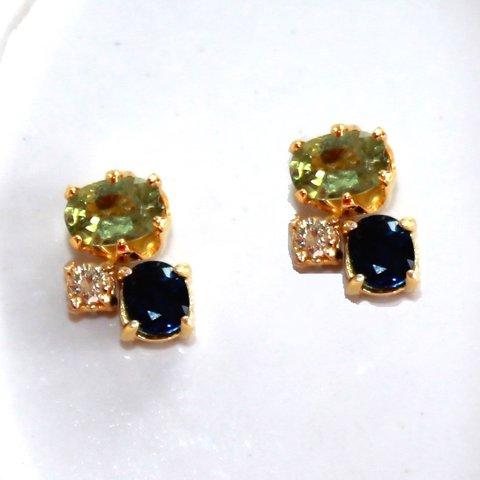 - Autumn -Blue & Green Sapphire & Diamond Earrings/Pierce