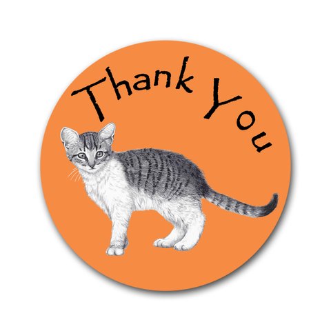 【猫のサンキュー　メッセージカード　タグ　丸いカード】トラ子猫デザイン-オレンジ