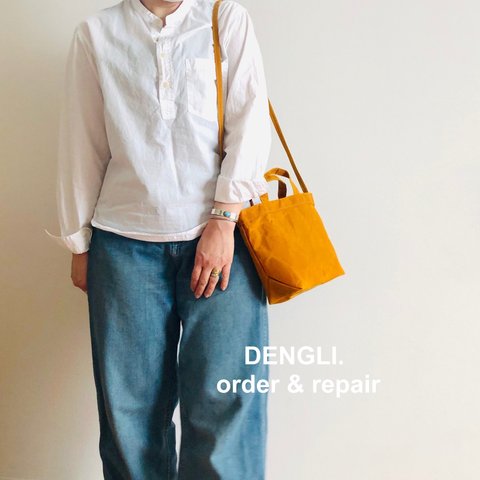 DENGLI.ミニショルダートートバッグ/tall/マスタード色/パラフィン加工帆布/撥水効果/長財布/折りたため傘/軽くて丈夫/犬のお散歩