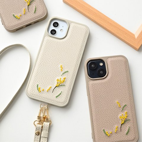 カラー リアケース 【 simple 刺繍 ミモザ 】 iPhone スマホケース スマホショルダー  花 くすみカラー A277I