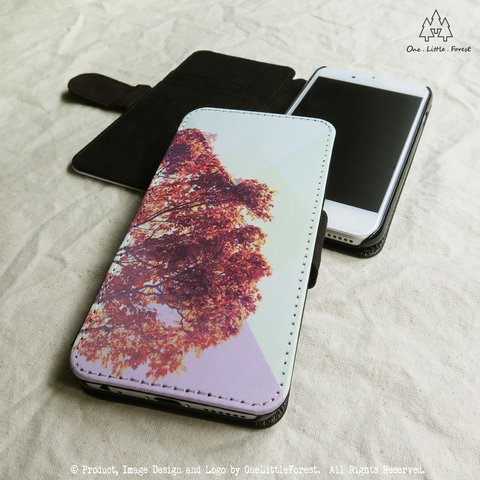 秋 の 木  ラベンダー x ミント 手帳型 iphone ケース [iPhone4/4s～iPhone8 , iPhone8 plus]★  パステル 森林