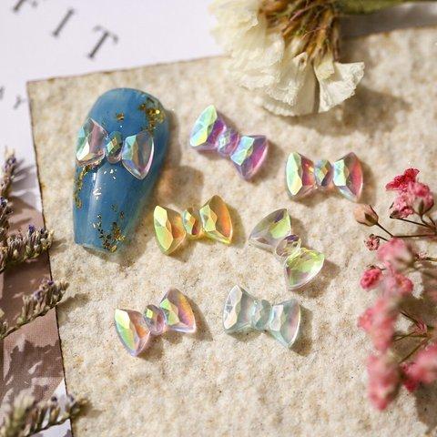 10個 リボン ♡5x10mm ネイルパーツ【ランダムカラー】オーロラ キラキラ カット面 ミニ デコパーツ ネイルアート◎parts-nail-012