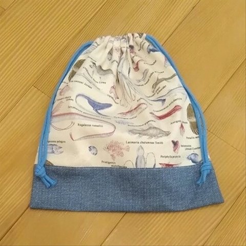 巾着  32×30センチ  深海生物☆白（きなり）(裏地なし)　お着替え袋などに✨