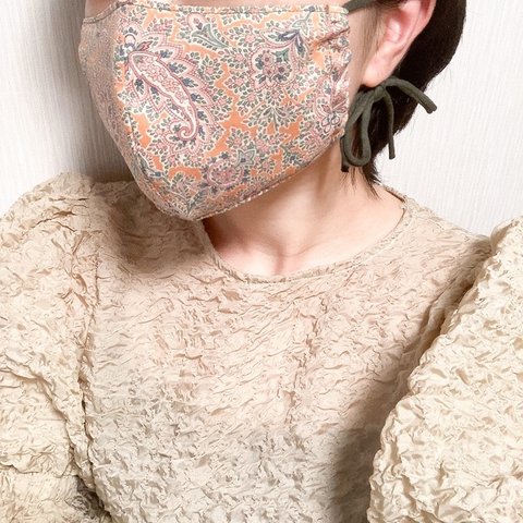 orange paisley ribbon mask 【 おしゃれマスク　大人 立体 布マスク　ﾘﾎﾞﾝﾏｽｸ  ﾏｽｸｶﾊﾞｰ フィルター　ペイズリー 柄　カジュアル　夏マスク　】