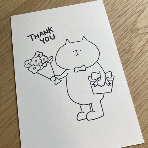 Thank you ポストカード　ねこと花束、プレゼント