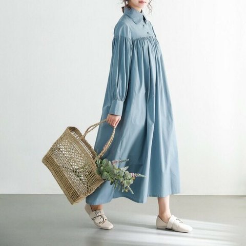 (再販×22)コットン100％　ふんわり　キャザー　ゆったり　ロングシャツワンピース　♪オーダーサイズ可